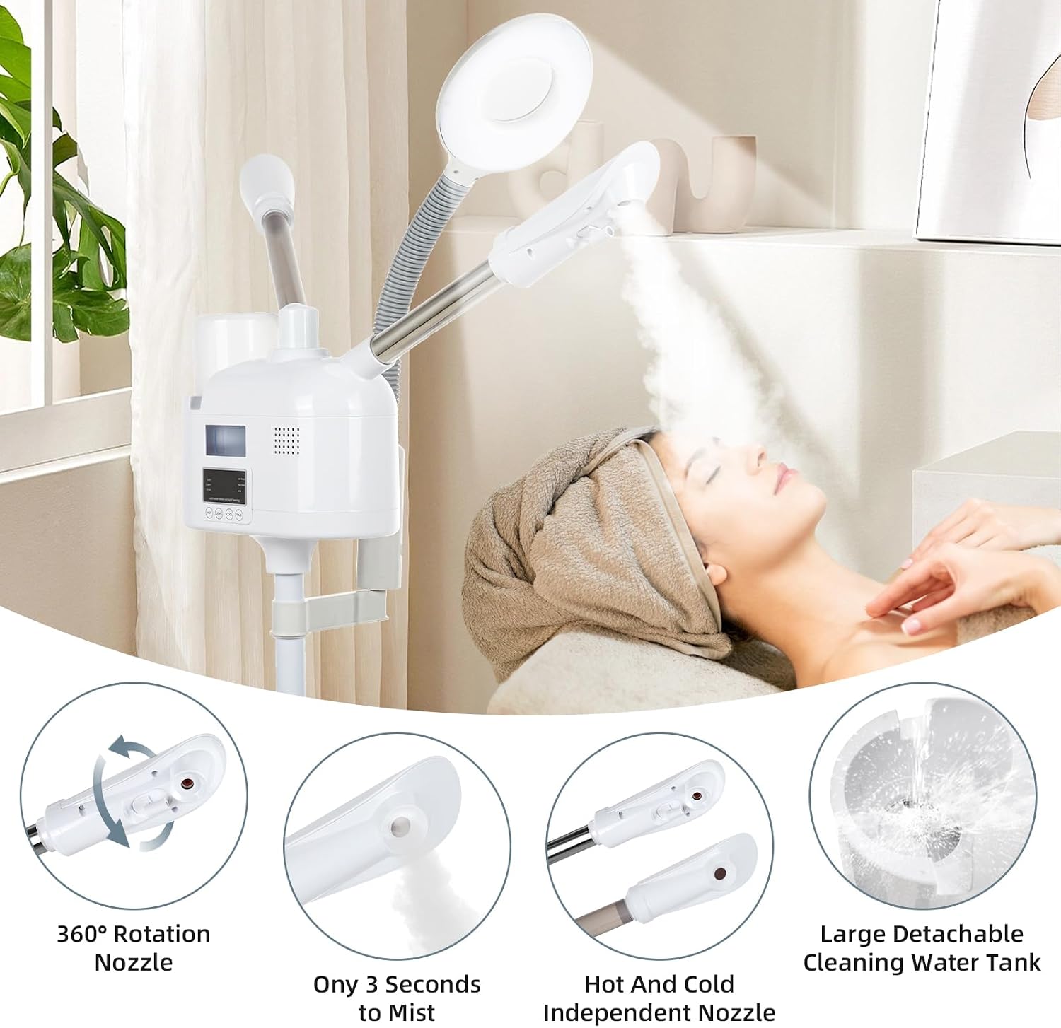 VARIPOWDER 3 in 1 Professional Facial Steamer for Face with Hot & Cold Nozzle 5X Magnifying Lamp Face Steamer for Esthetician vaporizador Facial Use at Home or Spa