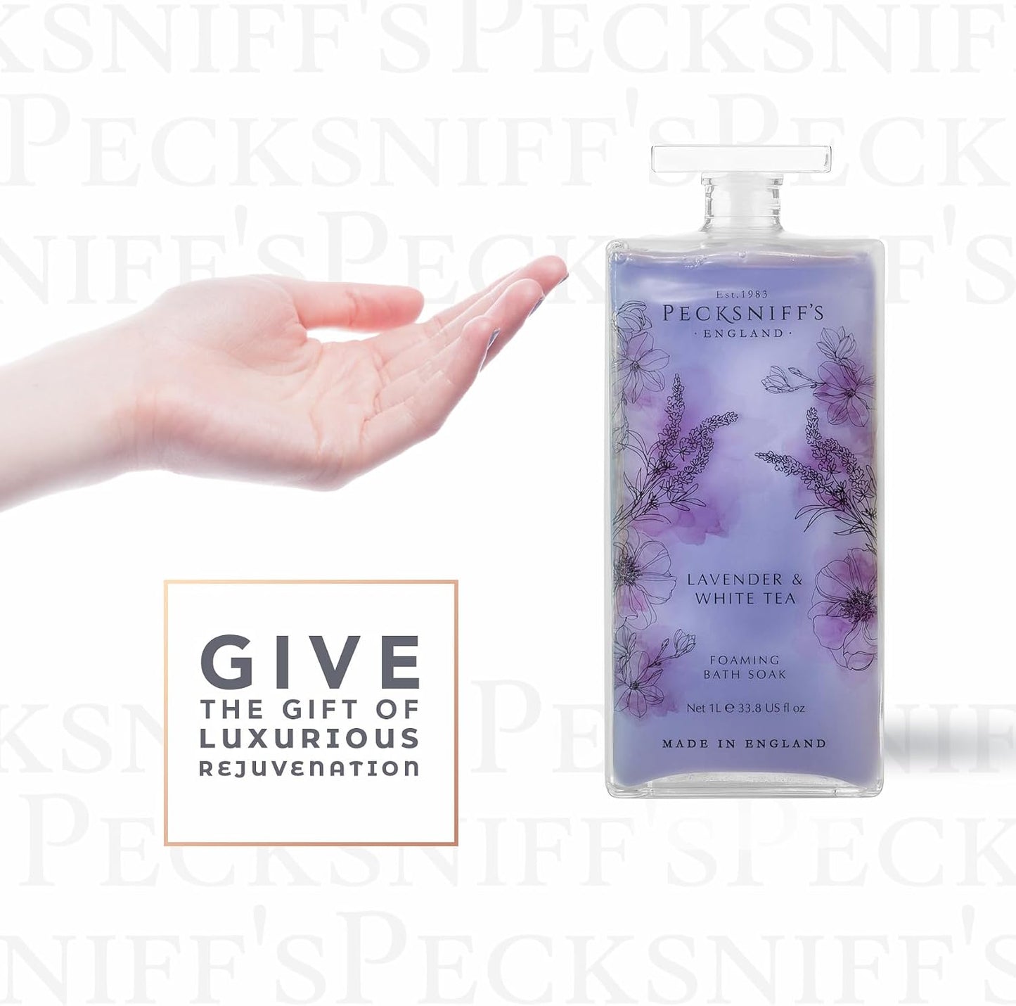 Pecksniff’s Lavender & White Tea Foaming Bath Soak – Luxury Bubble Bath, 1L / 33.8 fl oz, Made in England