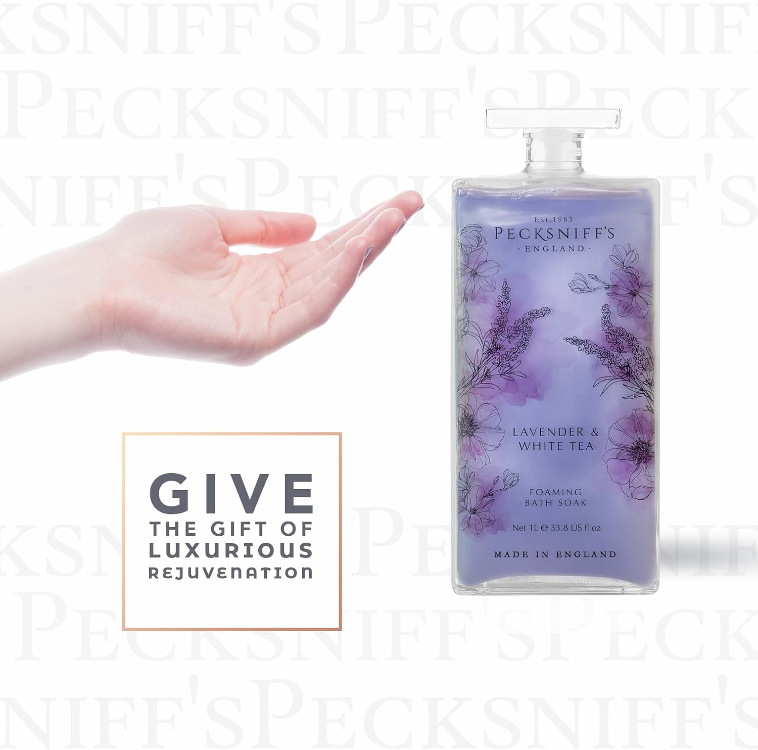 Pecksniff’s Lavender & White Tea Foaming Bath Soak – Luxury Bubble Bath, 1L / 33.8 fl oz, Made in England