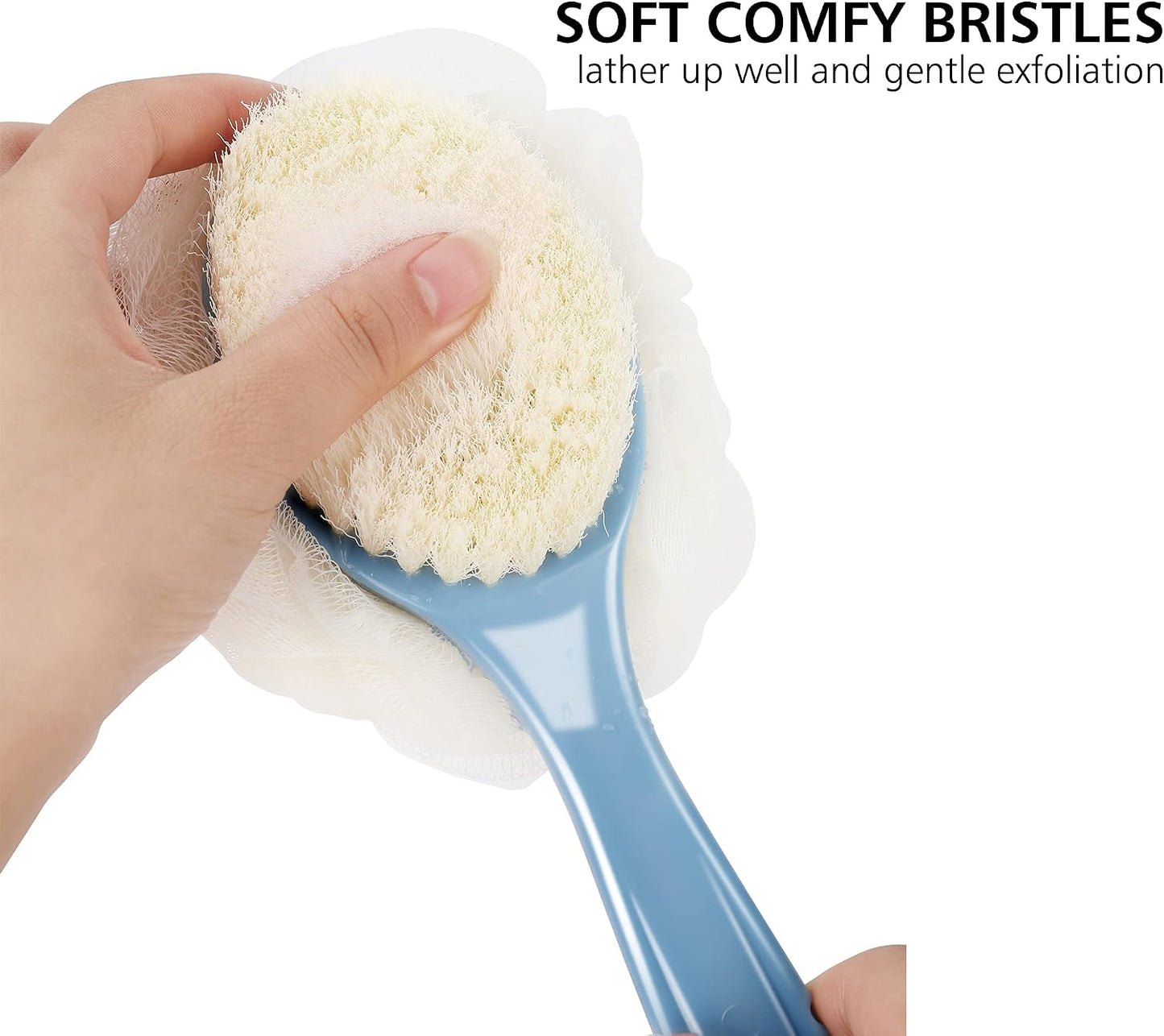 Shower Body Brush with Bristles and Loofah,Back Scrubber Bath Mesh Sponge with Curved Long Handle for Skin Exfoliating Bath, Massage Bristles Suitable for Wet or Dry, Men and Women (Blue)