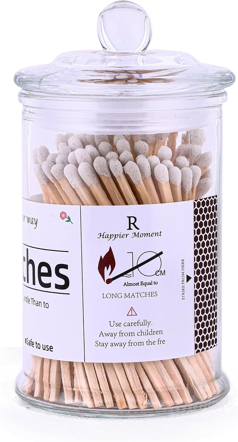 White Matches Included (150 Count 4"). Glass Match Holder with Strikers, Fireplace Matches for BBQ Grill, 150Pcs Long Wooden Safety Match for Candles