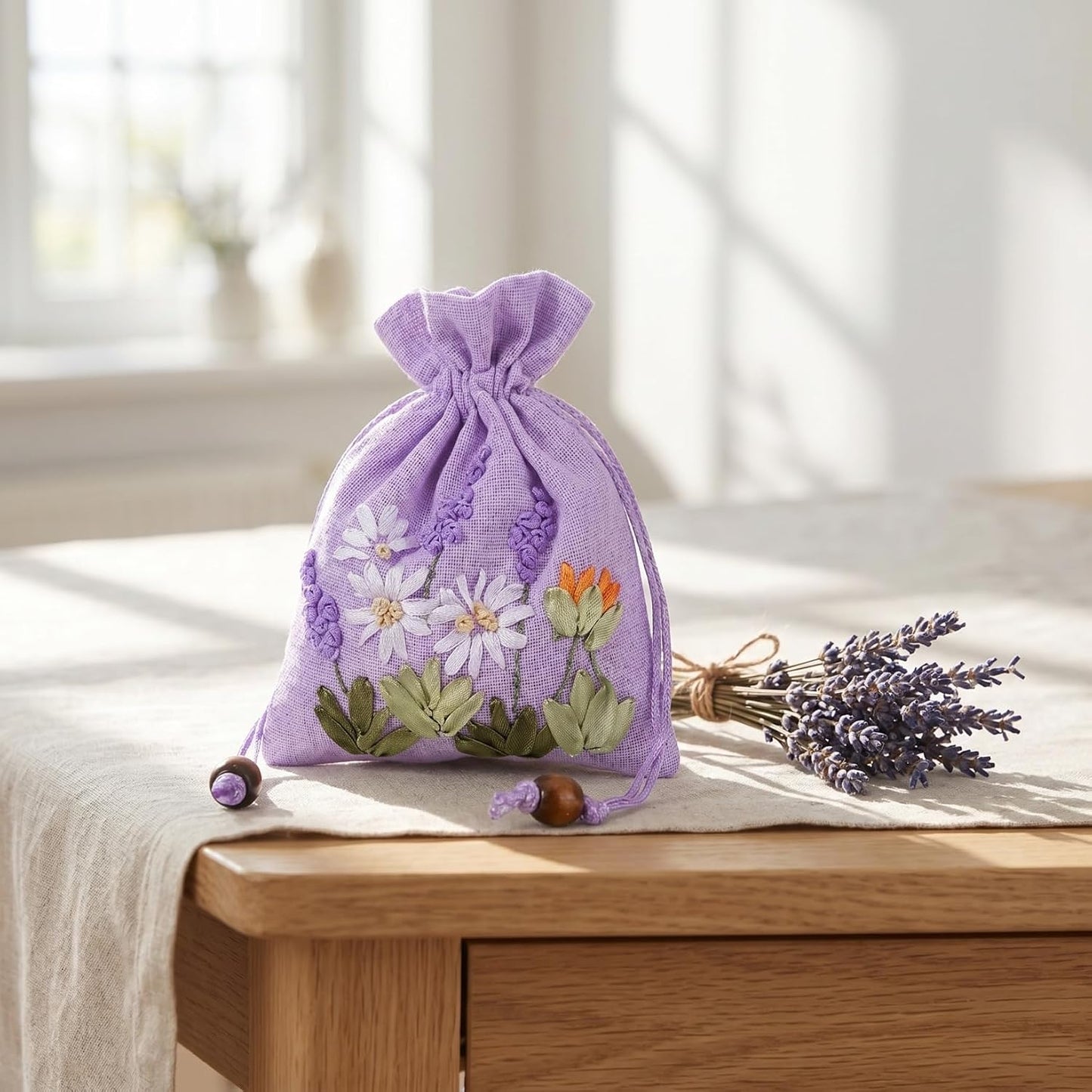 Hoement 4Pcs Embroidered Lavender Sachet Bags Small Drawstring Linen Brocade Pouches for Jewelry Storage Wedding Favor and Fragrance Packaging
