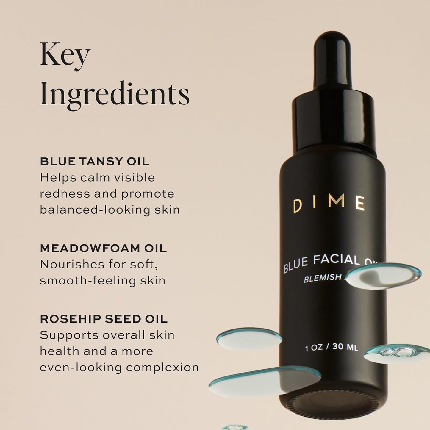 DIME Beauty Blue Facial Oil, 1 oz / 30 mL - Blemish Spot Treatment with Blue Tansy, Black Cumin Seed, Rosehip, and Grapeseed Oils