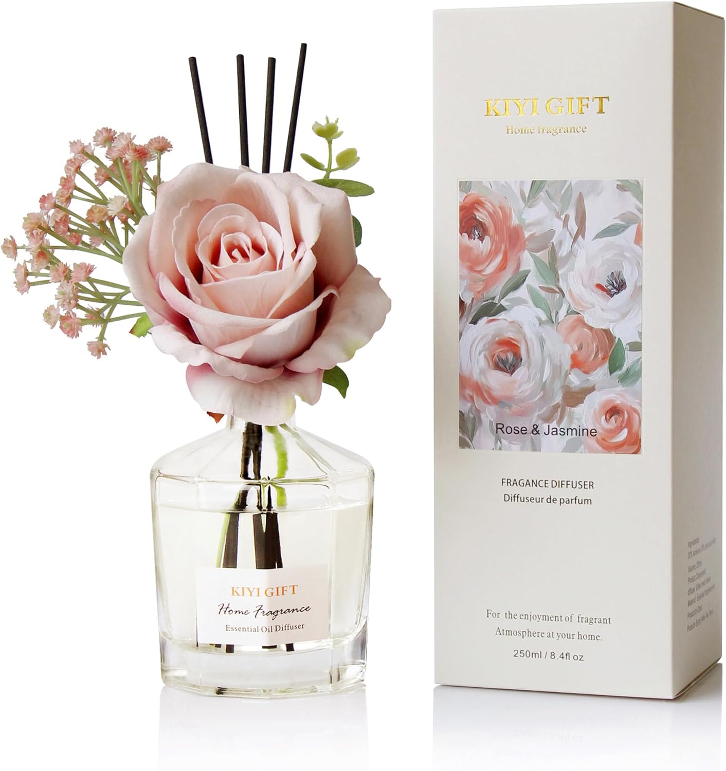 Reed Diffuser Set, 8.4 fl oz Scent Diffuser with 6 Reed Sticks, Home Fragrance,Up to 120 Day Long Lasting Scent,Reed Diffuser for Bathroom,Shelf Decor (Jasmine Rose)