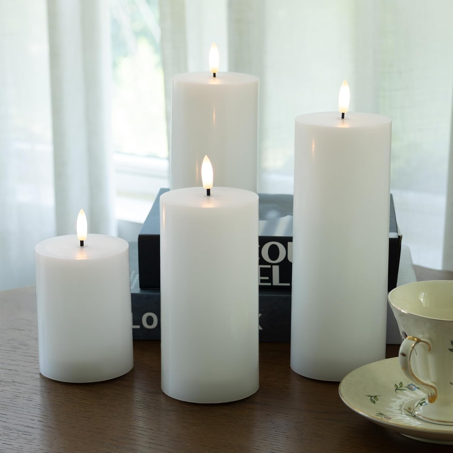 White Flameless Pillar Candles, Battery Operated Wax Candles with Remote, Flat Top Flickering Flameless Candles, LED Candle for Home, Wedding, Party Decor, Set of 4, Φ 3" H 4" 5" 6" 8"