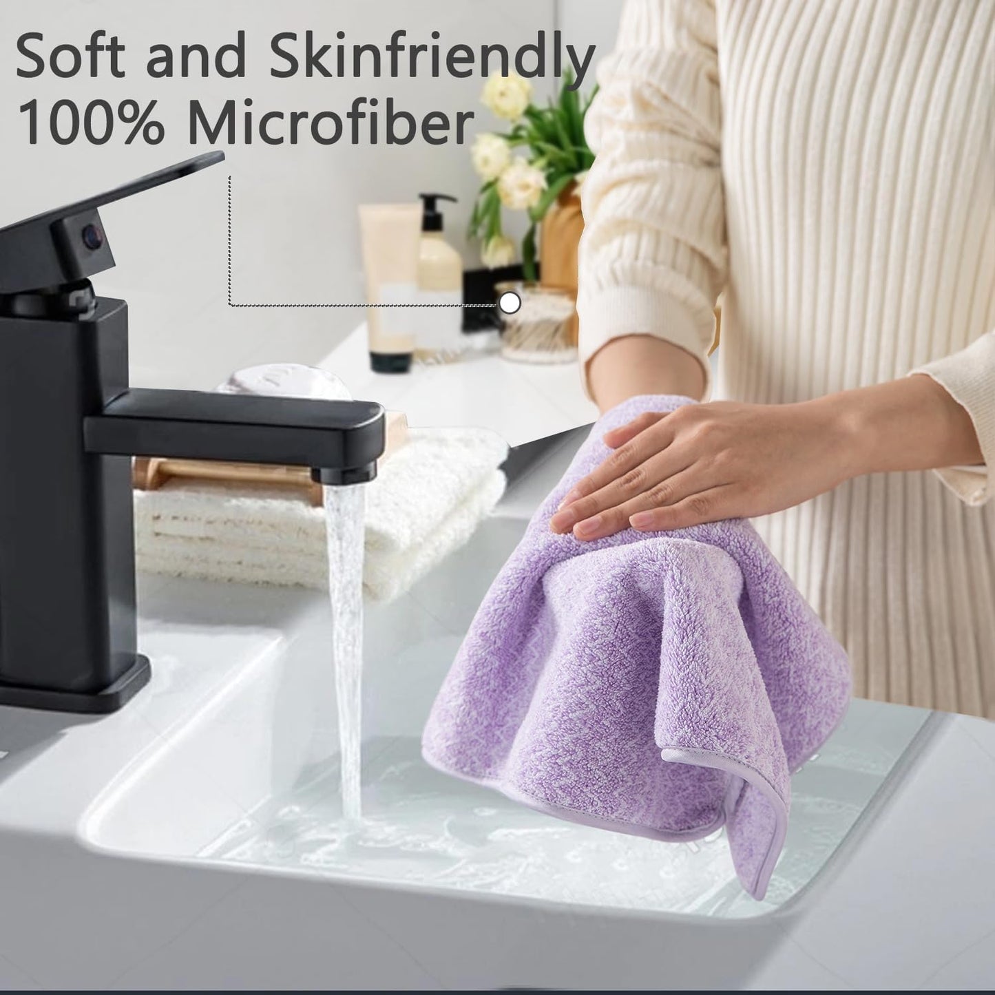 18 Piece Bath Towels Set,100% Microfiber Family Bathroom Towel with Hanging Loops-6 Bath Towels,6 Hand Towels,6 Washcloths,Quick Dry Highly Absorbent Shower Towel for Bathroom,Hotel,Spa-Light Purple
