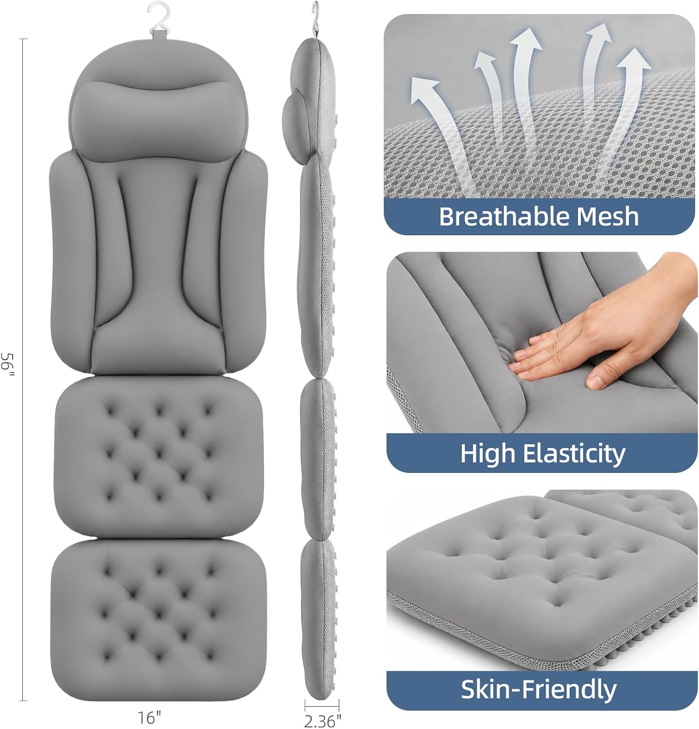 Full Body Bath Pillow for Tub, Ergonomic Head Neck Back Support, 192 Non-Slip Suction Cups, Thick Cushion with Laundry Bag, Fits Most Bathtubs, 56"x16" Grey