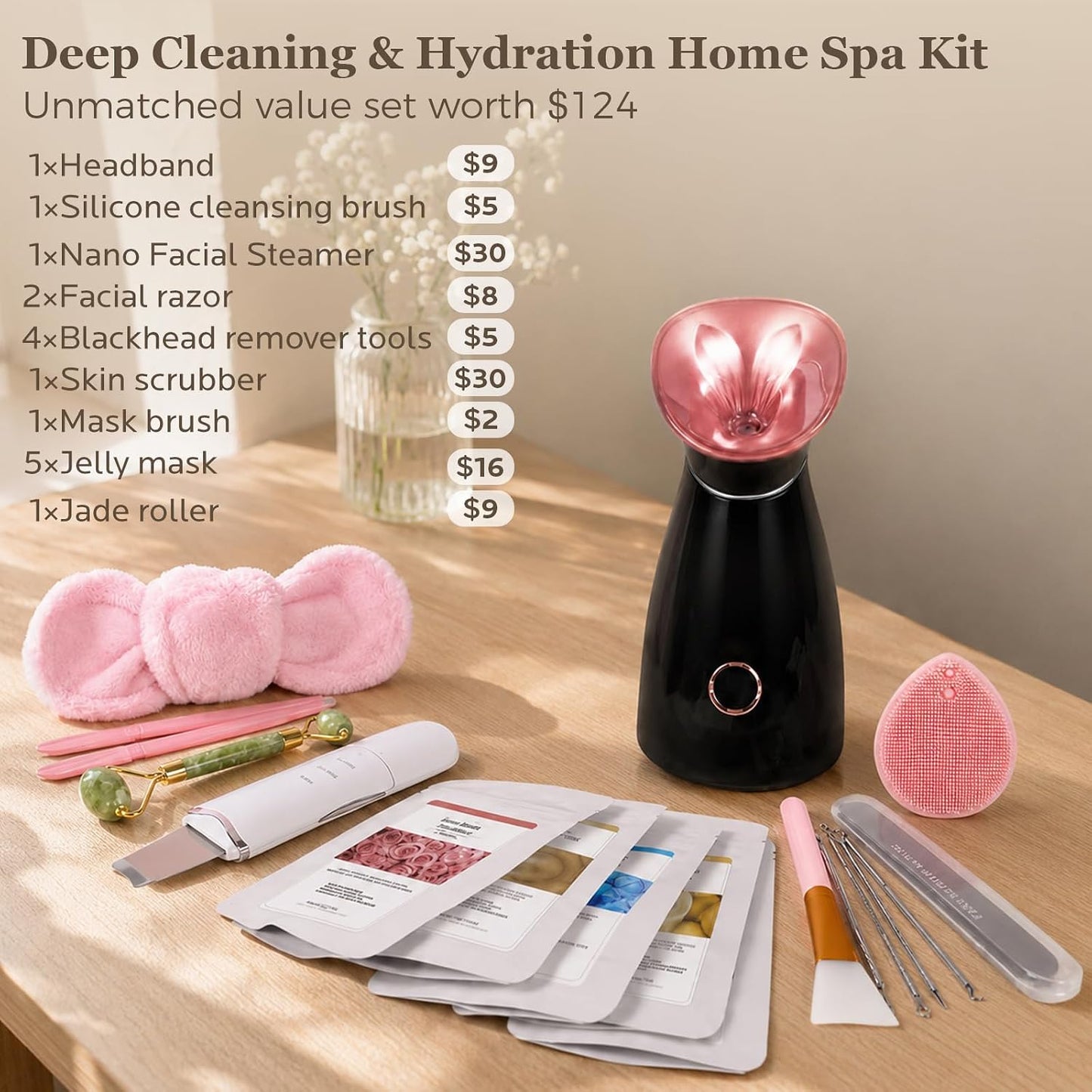 Facial Steamer Deep Cleaning Kit: Nano Ionic Face Steamer with 8 Skin Care Tools Home Spa Clean Refresh Repair for Unclogging Pores & Sinuses - Self Care Gifts for Women (Black Rose Gold)