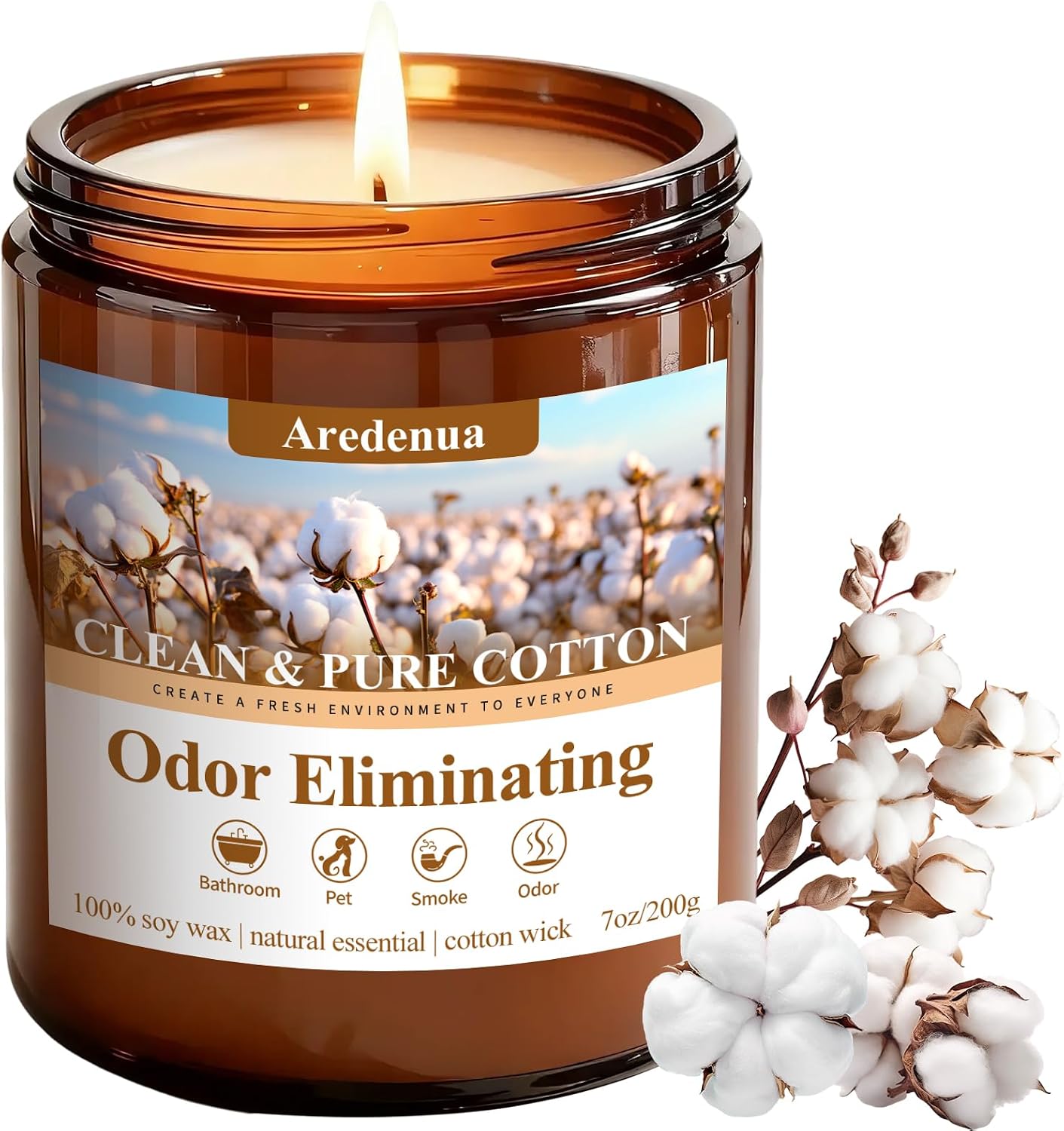 Clean & Pure Cotton Odor Eliminating Candles | Eliminates 95% of Pet, Smoke, Food & Other Smells – Fresh Air Scented Candle Gentle for Family - Up to 50 Hour Burn time - 7 Oz Natural Soy Wax