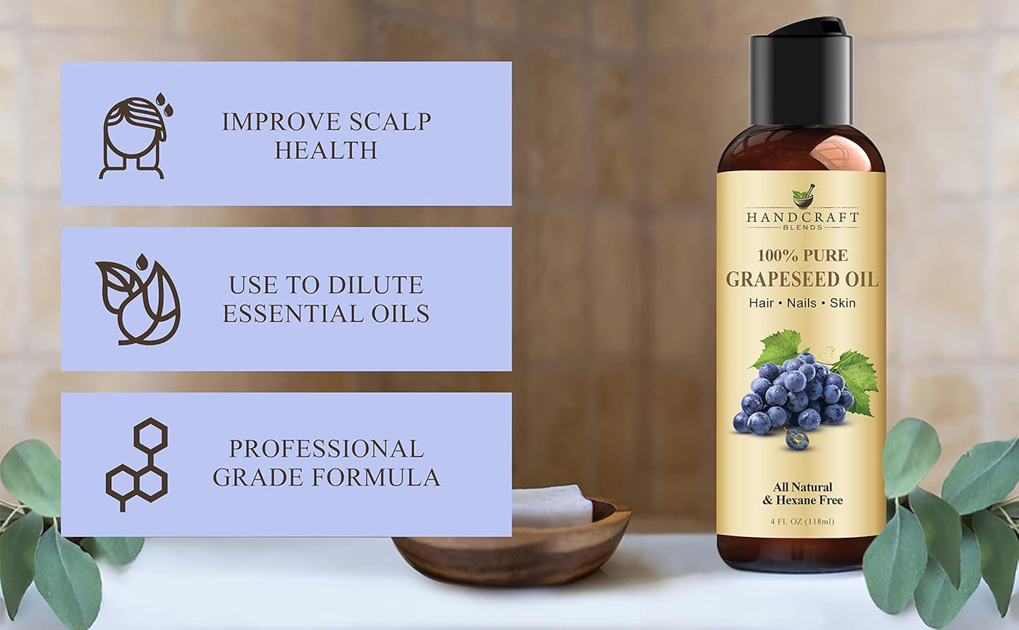 Handcraft Blends Grapeseed Oil - Cold-Pressed 4 Fl Oz - 100% Pure and Natural - Premium Grade Carrier Oil for Skin and Hair - Hair and Body - Massage - Hexane-Free
