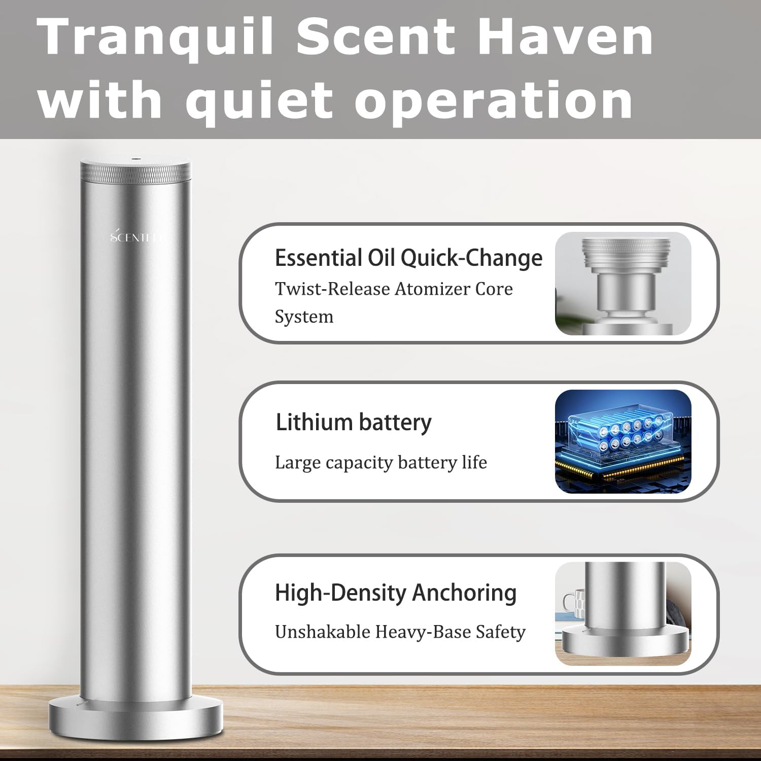 Wireless Hotel Scent Diffuser-Cordless Rechargeable Diffuser for Whole House- Scent Air Machine for Home -App Bluetooth Control -Waterless Essential Oil Diffuser for Large Room, Studio Office -Silver