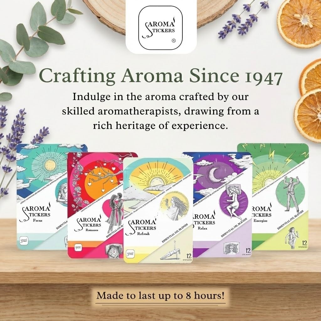 AROMA STICKERS® Original Blend Focus - 100% Natural Essential Oil Scented Sticker Diffuser - Aromatherapy for Personal Space - Face Mask & Pillow - (Pack of 3, 36 Stickers Total)