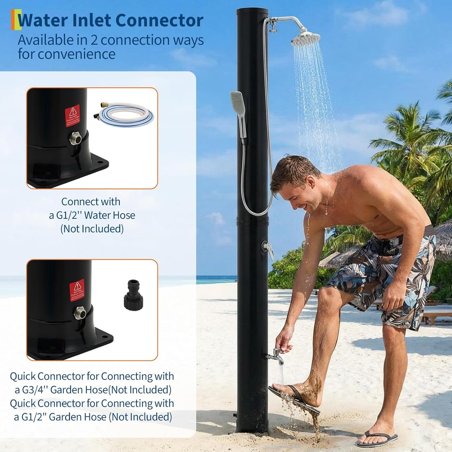 10 Gallon Solar Heated Shower | 2-Section Freestanding Outdoor Shower with Shower Head & Foot Shower Tap | Hot & Cold Water Adjustment | Poolside Beach Garden Spa Shower with Cover