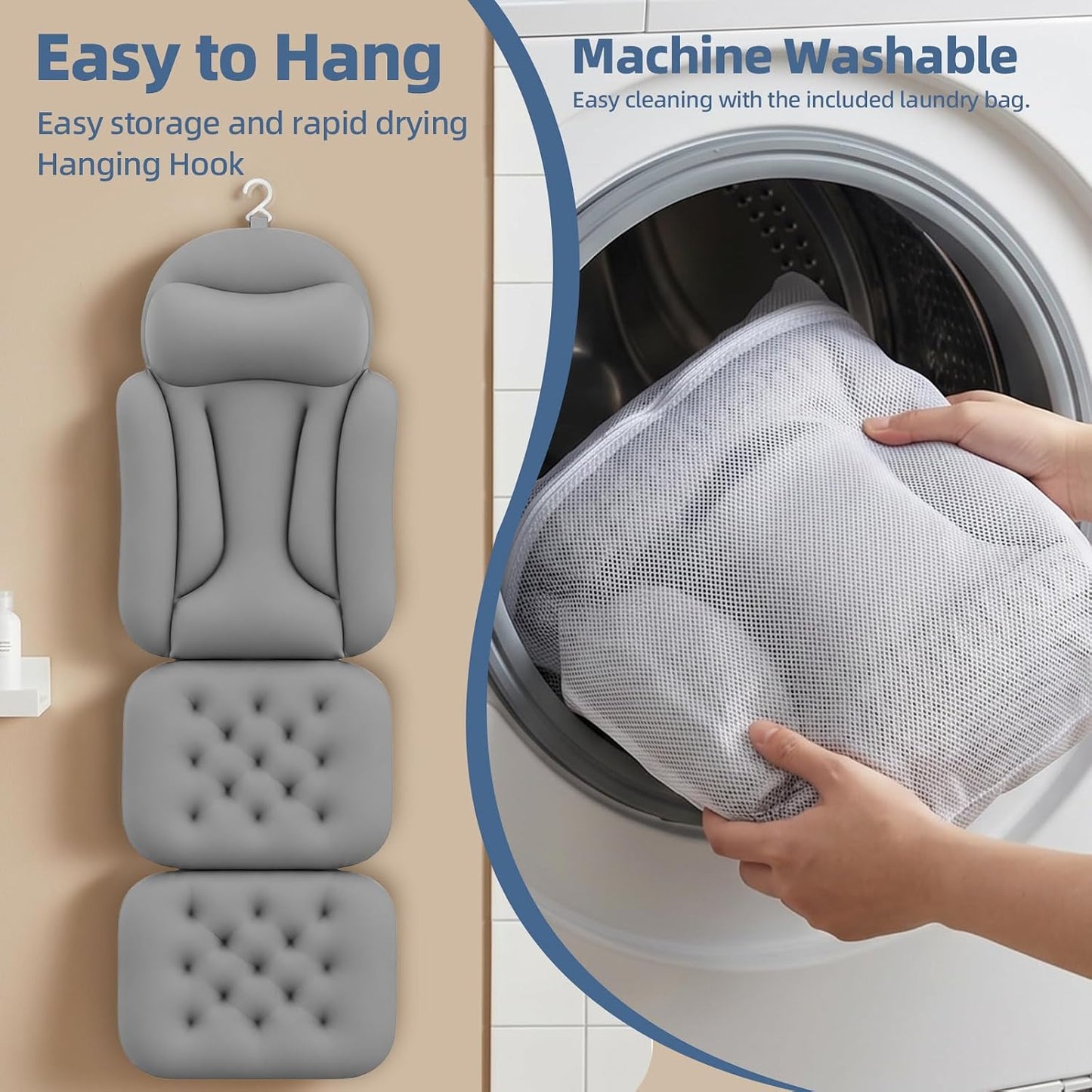 Full Body Bath Pillow for Tub, Ergonomic Head Neck Back Support, 192 Non-Slip Suction Cups, Thick Cushion with Laundry Bag, Fits Most Bathtubs, 56"x16" Grey