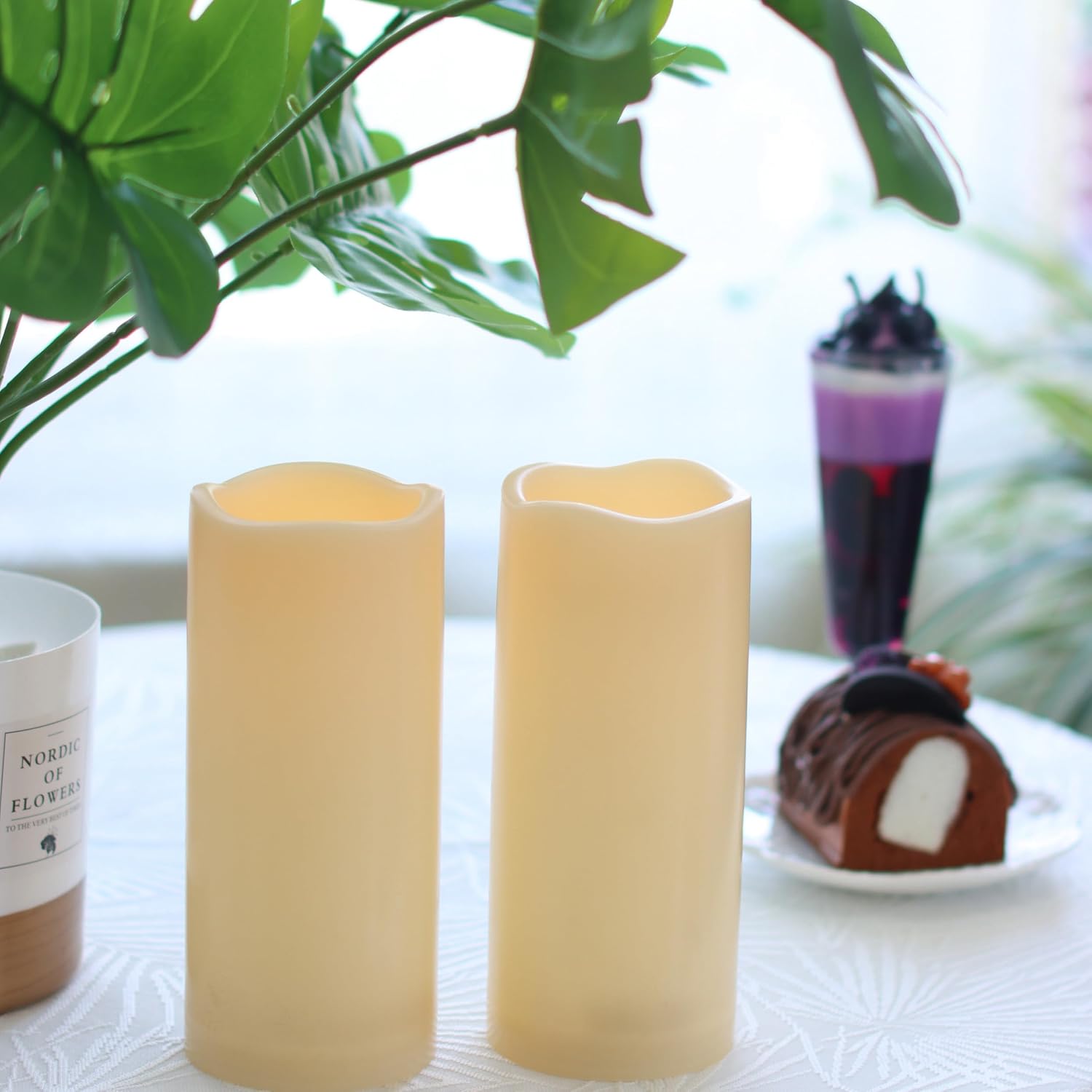 Waterproof Outdoor Battery Operated Flameless Candles with Auto Timer Flickering Plastic Resin Electric LED Pillar Lights for Lantern Patio Garden Wedding Party Decorations 3x7 Inches 2 Pack White