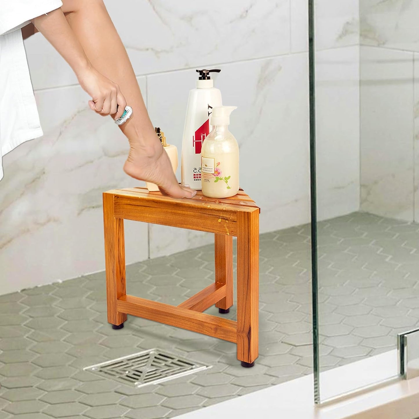 VaeFae Premium Teak Bathtub Tray and Teak Shower Corner Bench Small