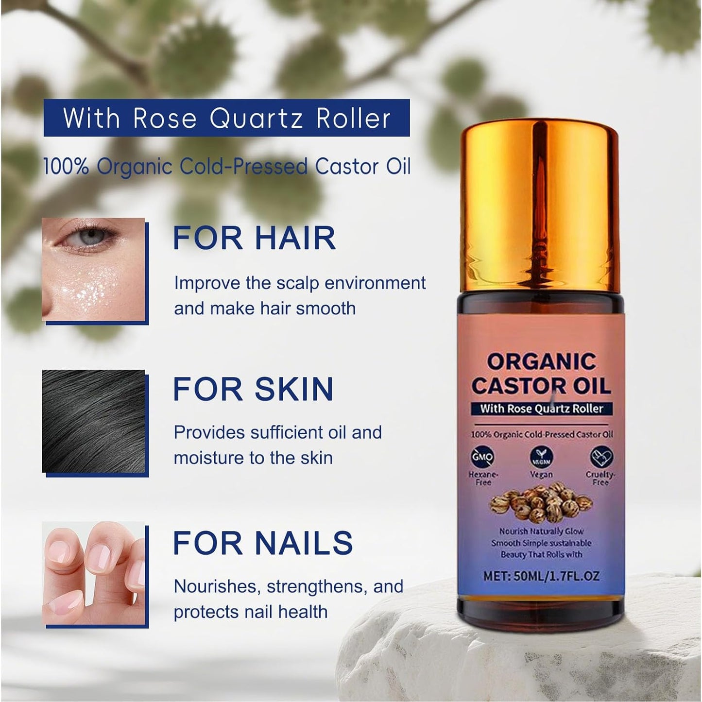 Organic Castor Oil Roll On with Rose Quartz Roller, 100% Castor Oil Organic Cold Pressed, Hexane-Free, for Face and Body, Hair, Eyebrows, Moisturize Skin -1pcs