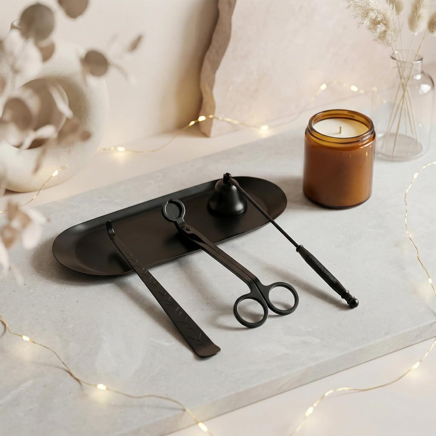 tifanso 4-in-1 Candle Care Kit with Wick Trimmer Cutter, Extinguisher Snuffer, Dipper and Storage Tray Plate, Stainless Steel Wick Scissors Accessories with Gift Package for Candle Lovers (Black)