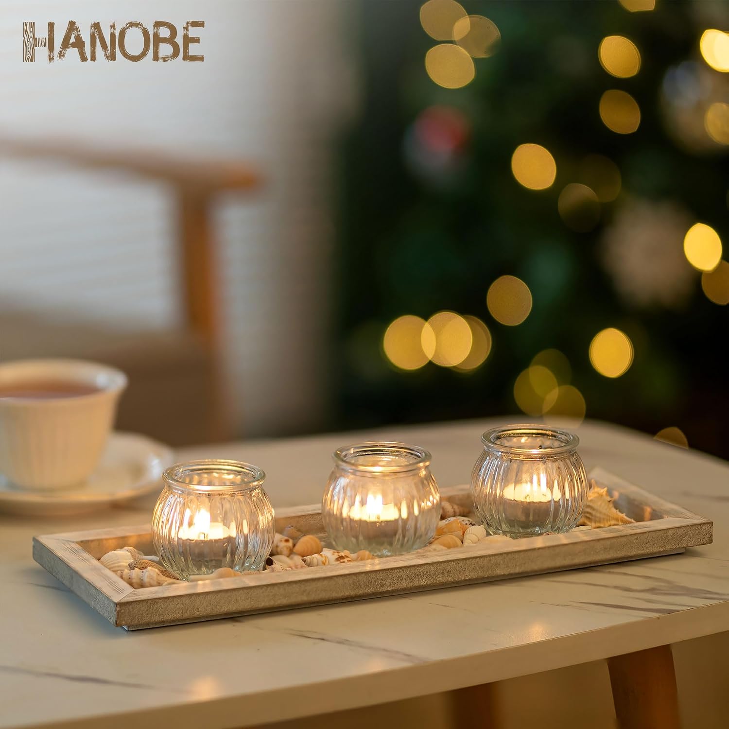 Hanobe Candle Tray Decorative Rectangle: Rustic Long Narrow Farmhouse Centerpiece Trays Whitewashed Wood Candles Holder Plate for Kitchen Coffee Table Dining Room Home Decor