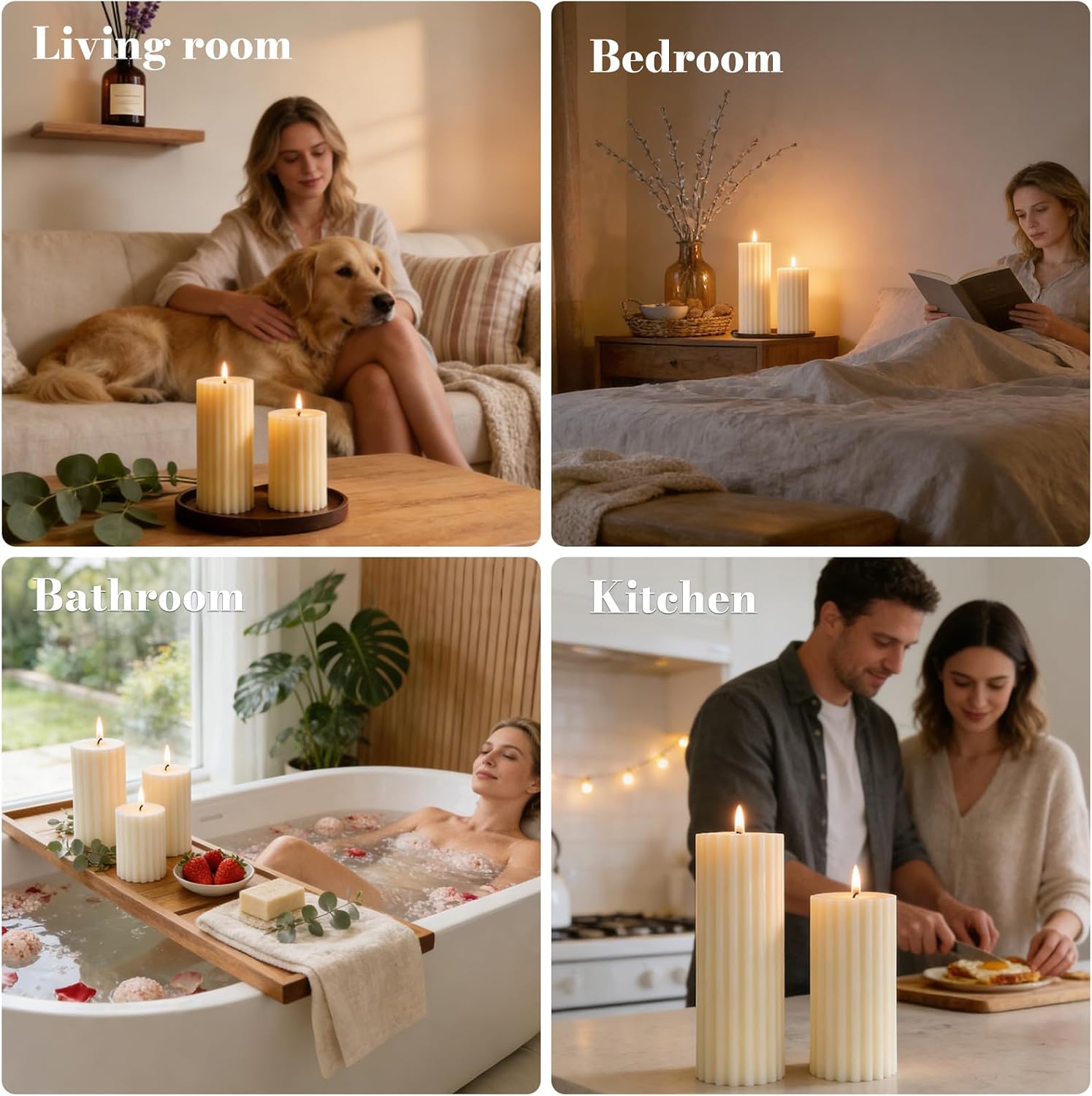 Ribbed Soy Pillar Candles Set of 3, Cashmere Amber Scented, Natural Soy Wax, 266 Hour Long Burning, 2.8x4/6/8 inch Large Pillar Candles for Home Decor, Relaxation, Bathroom, Living Room