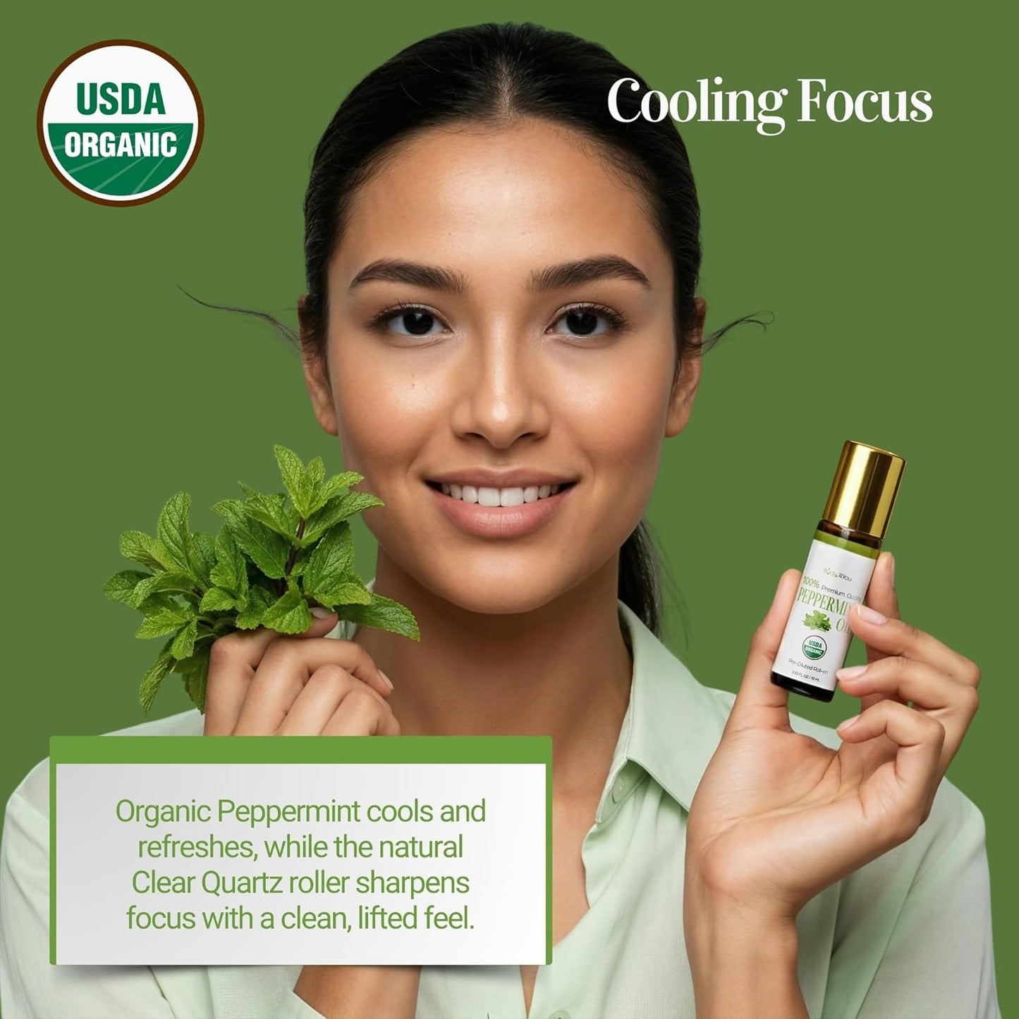 BodyJ4You Tea Tree + Peppermint Essential Oil Roll On Duo - 100% USDA Organic MCT Coconut Oil - Black Obsidian and Clear Quartz Stone Rollers - Spots Cuticles Feet Cooling Focus Temples Neck - Amber G