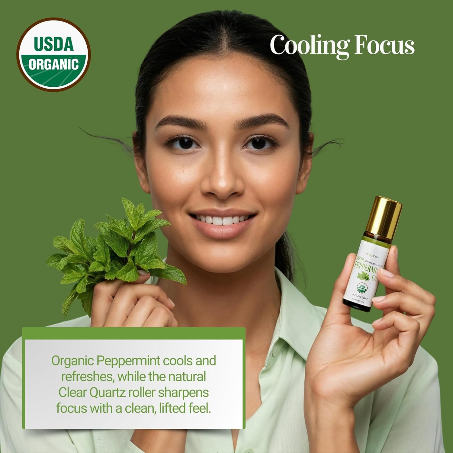 BodyJ4You Tea Tree + Peppermint Essential Oil Roll On Duo - 100% USDA Organic MCT Coconut Oil - Black Obsidian and Clear Quartz Stone Rollers - Spots Cuticles Feet Cooling Focus Temples Neck - Amber G