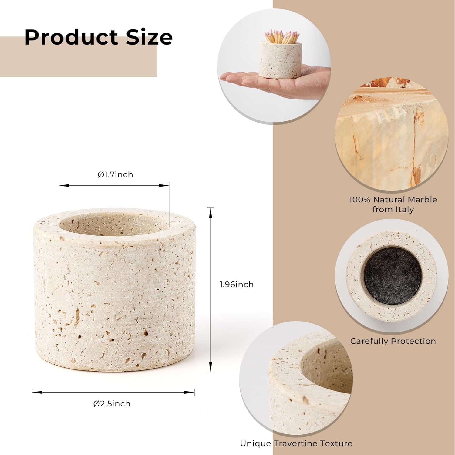 Travertine Stone Match Holder with Striker & Extra Striker Pad - 2.6" x 2" Decorative Matchstick Organizer for Fireplace, Candles, Parlor Cute Match Jar for Home Decor Gift, Matches Not Included
