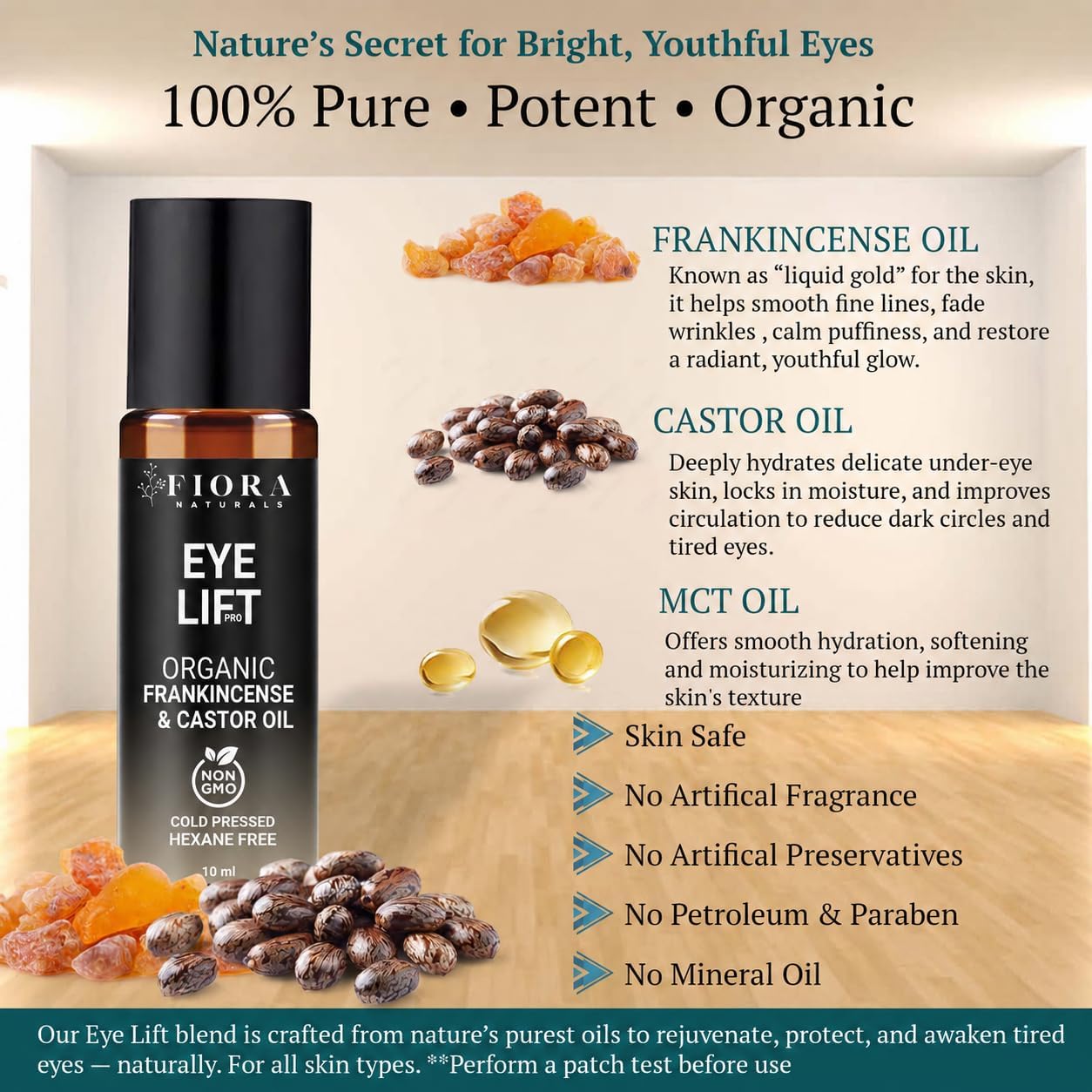 Organic Castor Oil and Frankincense Roll On – 100% Pure Hexane Free Eye Oil for Under Eye, Reduces Wrinkles, Dark Circles & Puffiness, Frankincense Essential Oil for Face Roller by Fiora Naturals