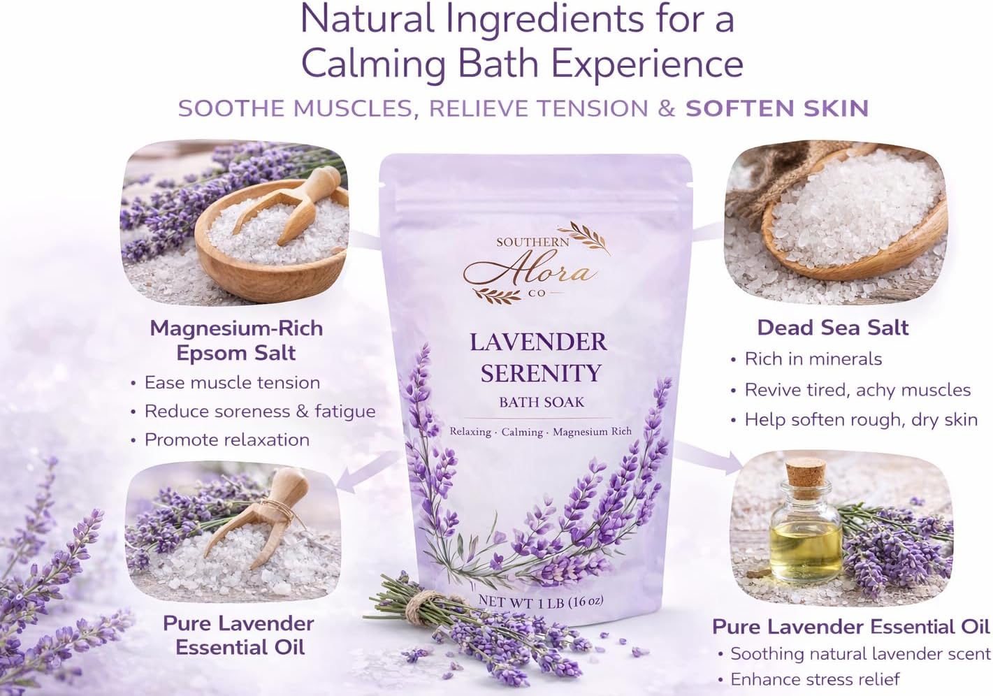 Southern Alora Lavender Bath Salts – Epsom Salt & Magnesium Bath Soak for Women Relaxing, Aromatherapy Mineral Spa Soak for Stress Relief, Muscle Recovery & Self Care