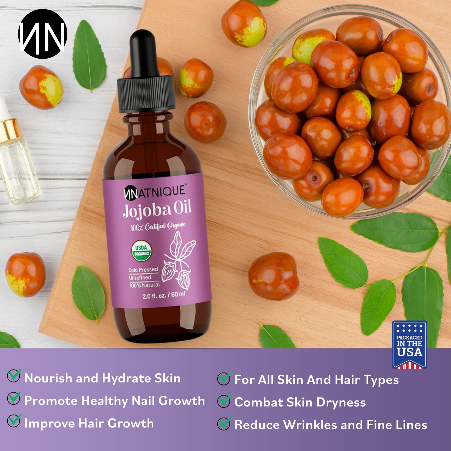 Natnique Organic Jojoba Oil – Brush Included – USDA Certified, Cold Pressed, Unrefined & Hexane-Free – Pure Moisturizer for Hair, Face, Skin, Beard, Scalp, Nails & Cuticles – Natural Care (2 oz)