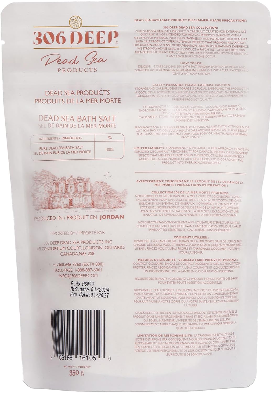306 Deep Fine Dead Sea Salts for Soaking - 350 Grams of 1-2 mm 100% Dead Sea Salt Bath for Men and Women, Pure Bath Minerals with Magnesium, Zinc, Potassium for Soaks and Body Scrub