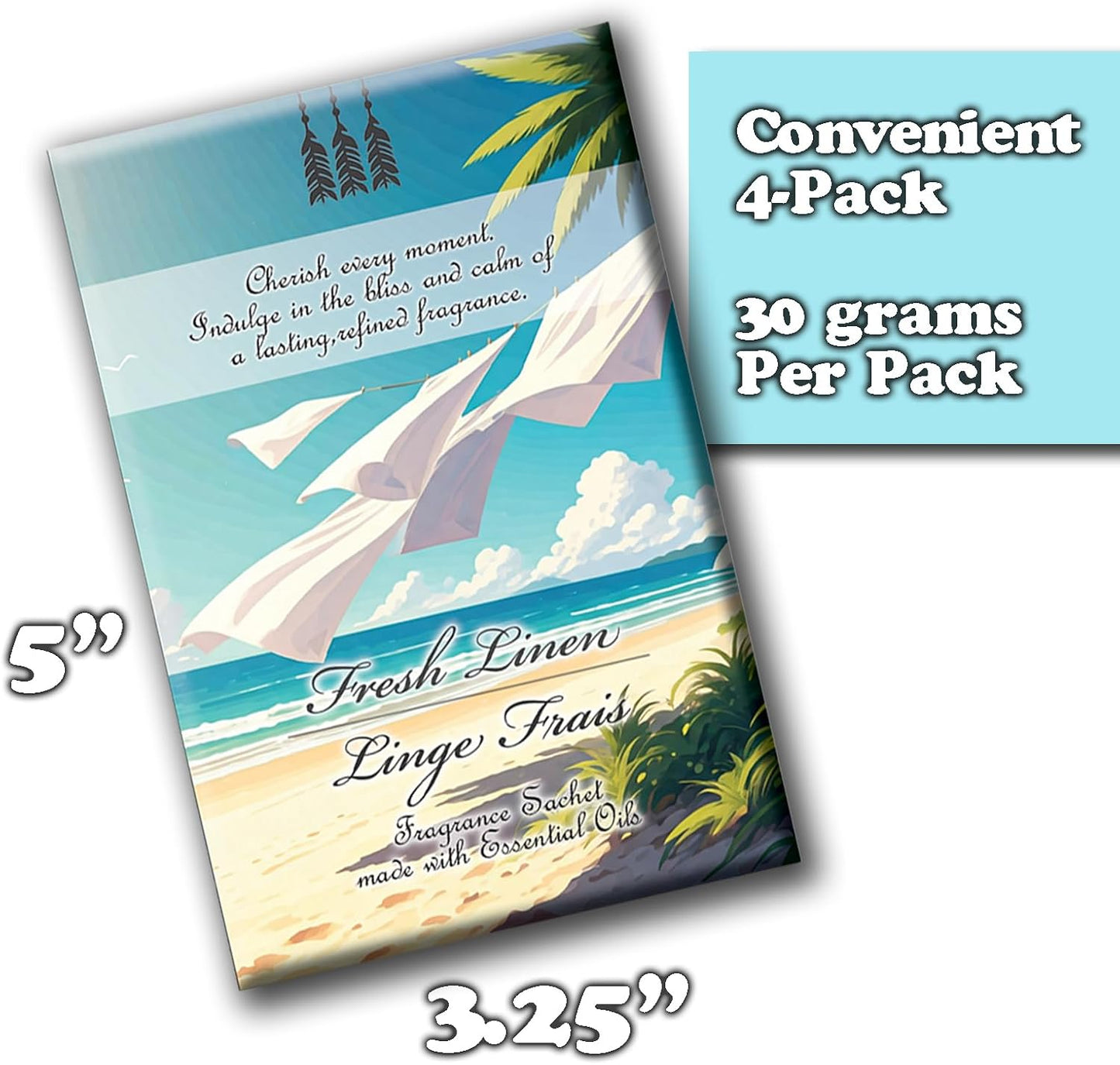 Fresh Linen Scented Fragrance Sachets, 30g Pouch, 4 Pack, Long-Lasting Fragrance for Drawers, Closets, Cars, and Travel – Discreet Deodorizing Packs