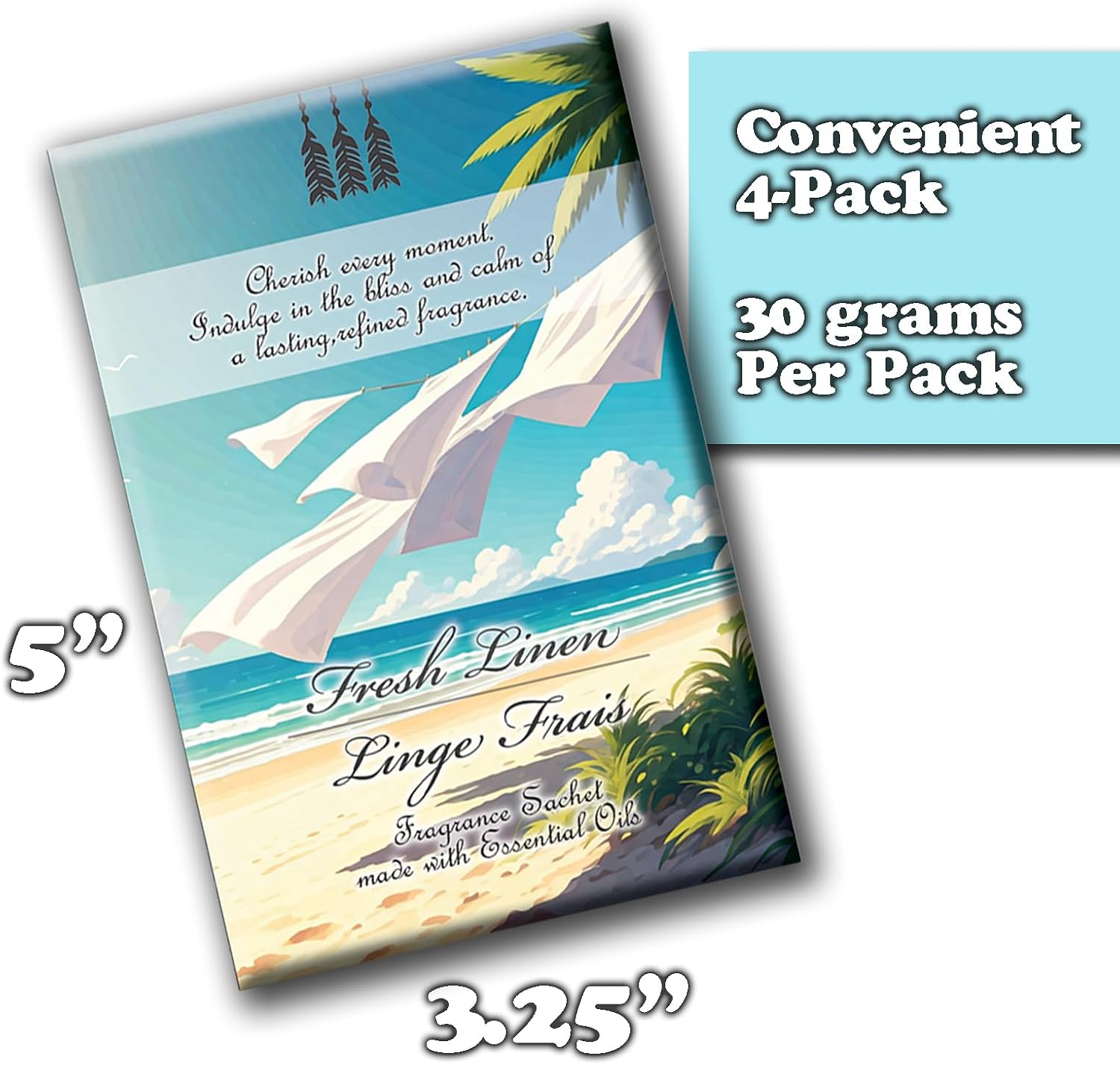 Fresh Linen Scented Fragrance Sachets, 30g Pouch, 4 Pack, Long-Lasting Fragrance for Drawers, Closets, Cars, and Travel – Discreet Deodorizing Packs