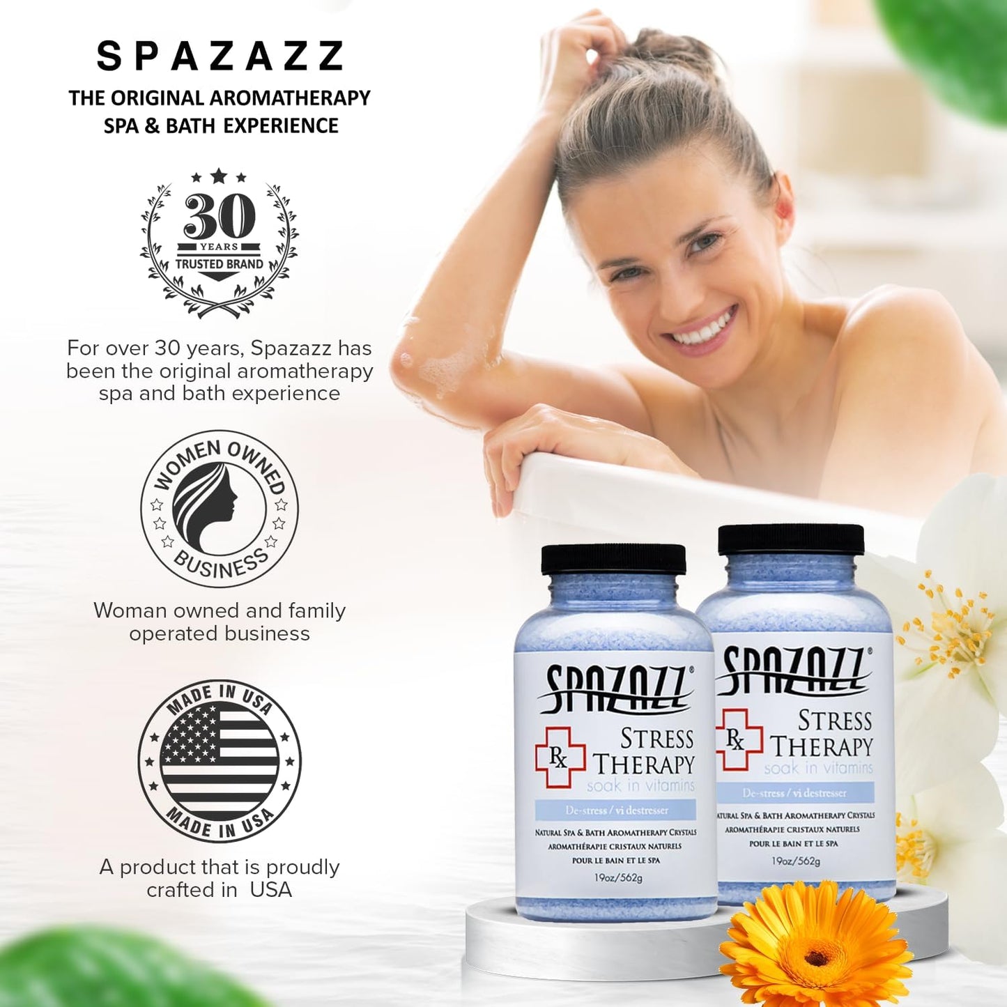 Spazazz Rx Stress Therapy Natural Spa & Bath Salt Aromatherapy Crystals- 2 Pack 19oz De-Stress - Calming & Relaxing Natural Aroma & Magnesium Mineral Bathing Salts - Safe for Your Hot Tub