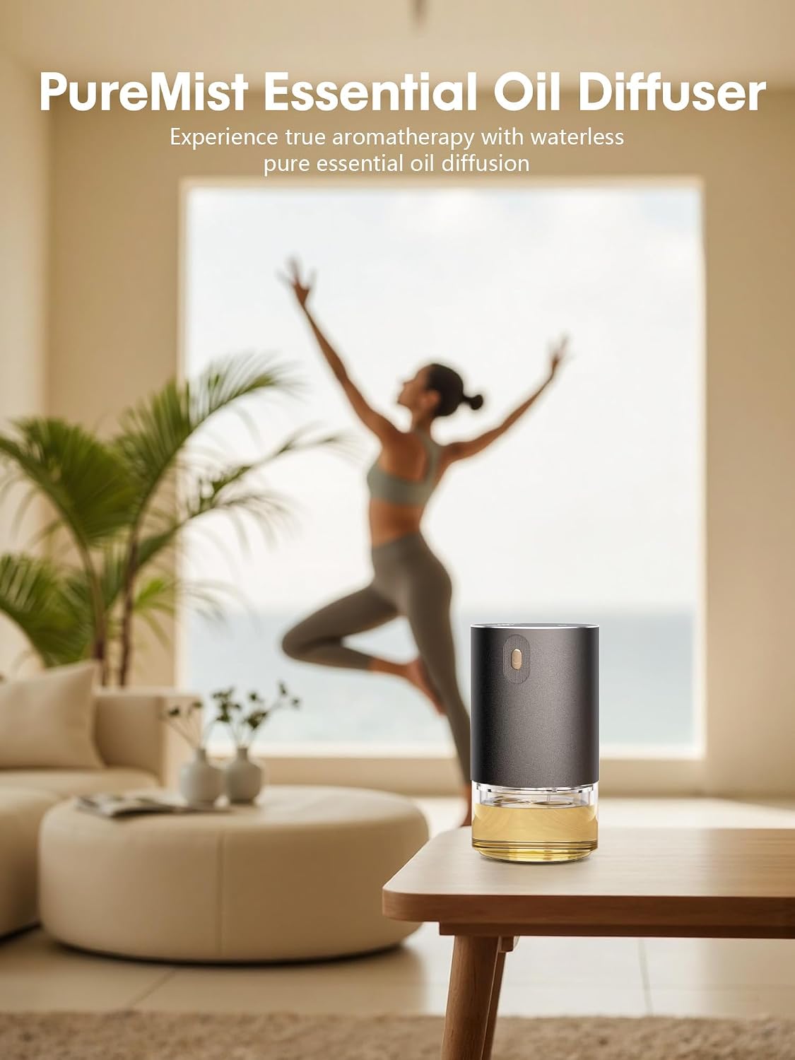 Waterless Oil Diffuser for Home, Car, Office - Rechargeable Scent & Essential Oil Diffuser, 4 Mist Modes and 1/2/4/6 Hour Timer, Portable Cordless Aromatherapy, Spill-Proof Metal Design - Black