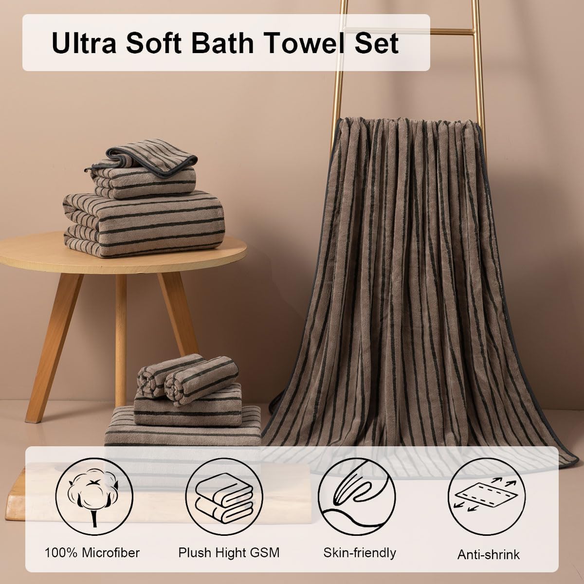 8 Pcs Polyester Brown Cabana Stripe Large Bath Towel Set-2 Bathroom Towels,2 Hand Towels,4 Washcloths Lightweight 600GMS Bath Sheet Absorbent Shower Towel Quick Dry Beach Chair Spa Gym Hotel Towels