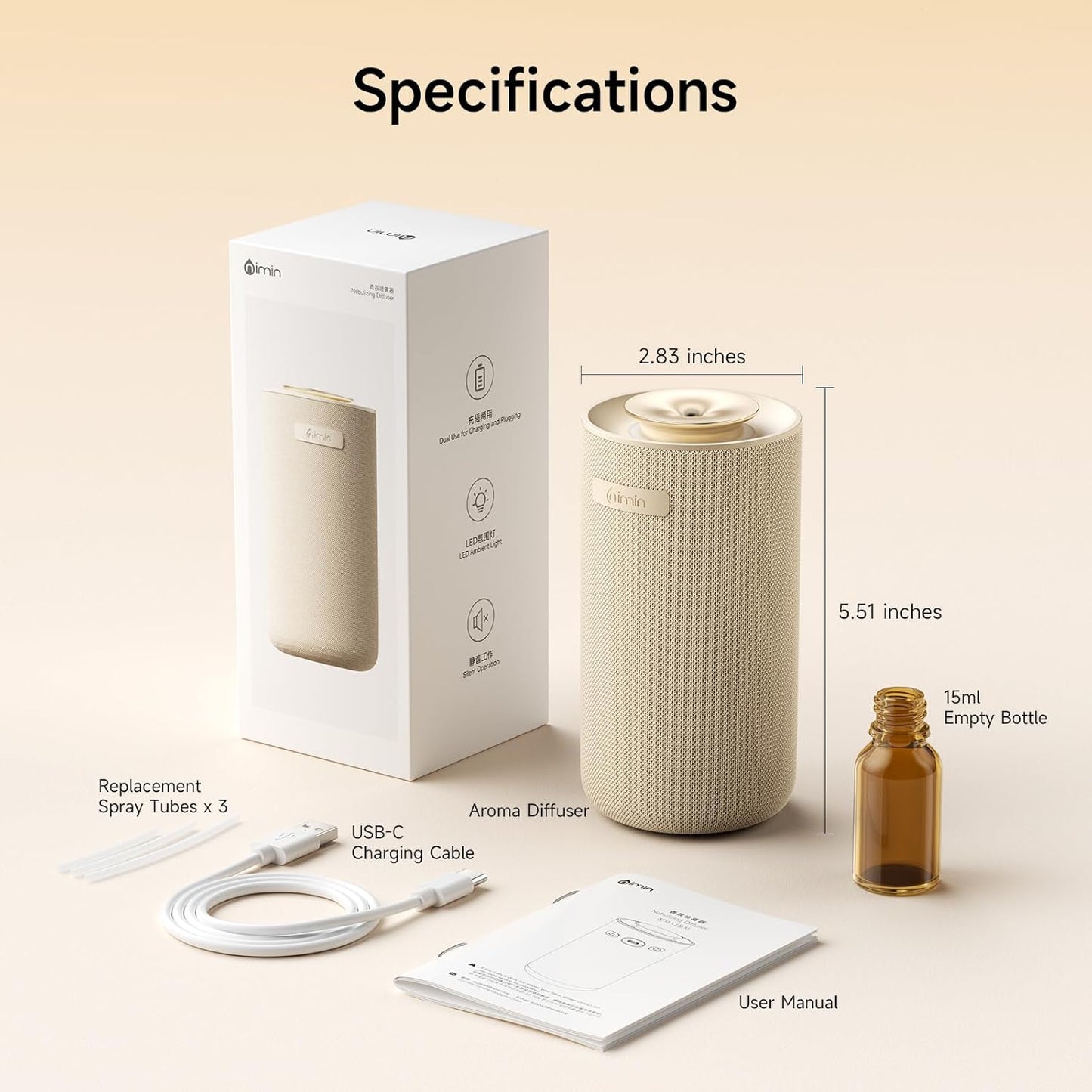 Waterless Essential Oil Diffuser for Home & Car, Cordless Portable Diffuser with Auto Start-Stop, 2-in-1 Mode & Adjustable Scent, Fits 5/10/15ml Bottles, Rechargeable Car Diffuser, Cream