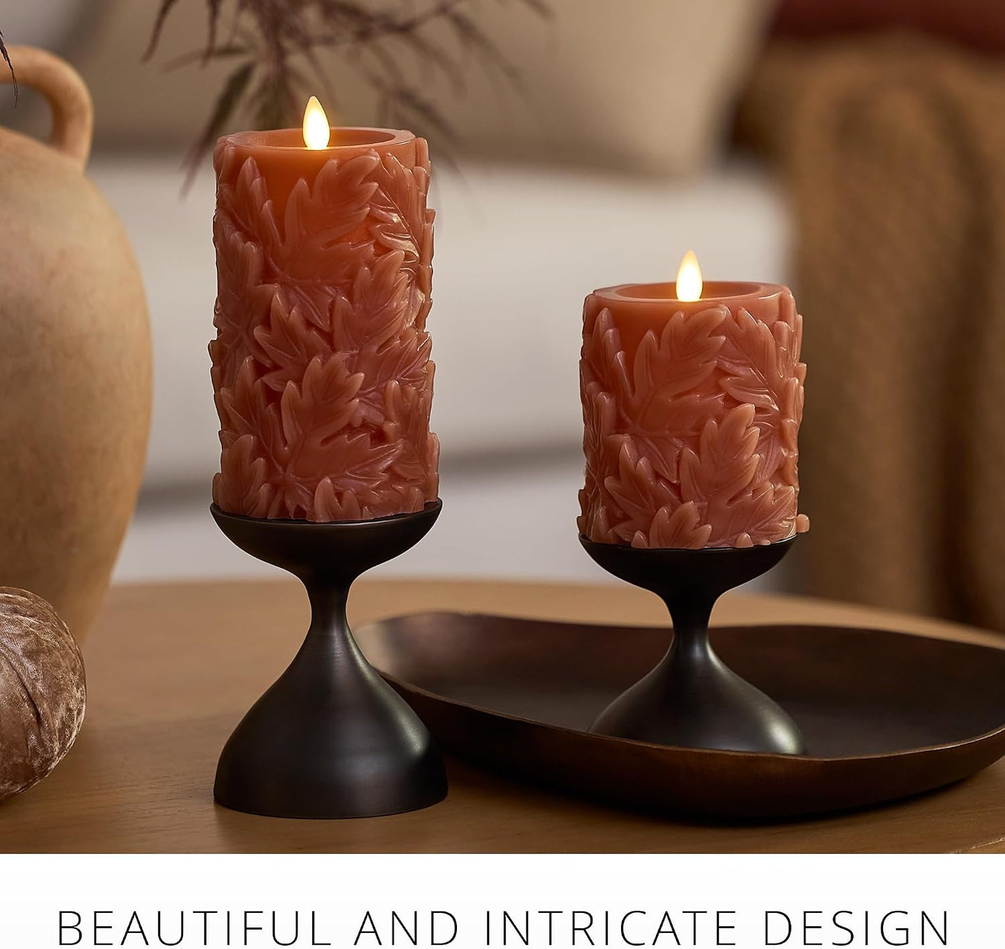 Luminara Flameless Caramel Cafe Embossed Leaves 3.5" x 6.5" Pillar, Battery Operated & Timer Function, Fall Decorations Indoor Candle Moving Flickering Flame LED Light, Remote Ready (Sold Separately)