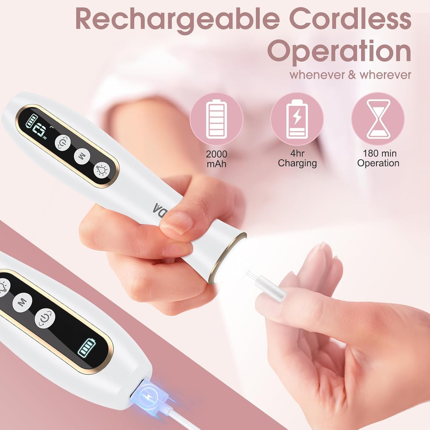 Hoxida Cordless Electric Nail Drill: 10-Speed Professional Nail File with 360° LED Light for Manicure Shaping & Gel Removal, Nail Art Practice Essentials,Home DIY & Portable Travel Use