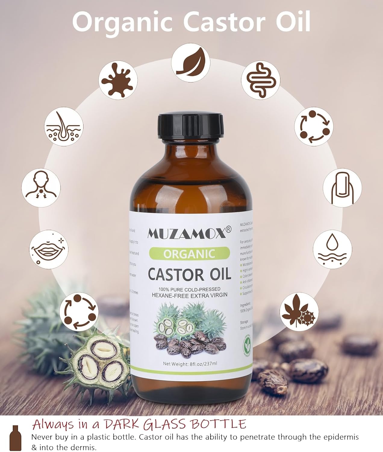 MUZAMOX Castor Oil Pack Wrap & 8fl.oz Glass Bottle Set, Organic Cold-Pressed Unrefined Castor Oil Included