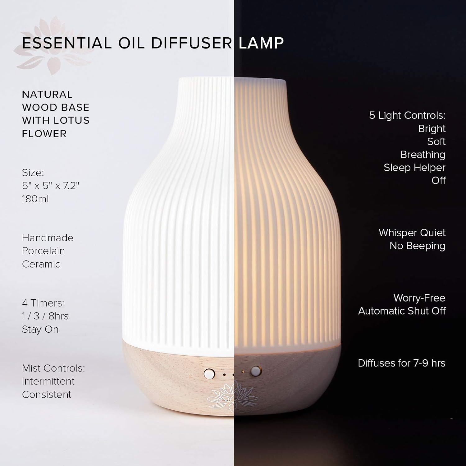 Sacred Lotus Love Ceramic Essential Oil Diffuser – Ultrasonic Aroma Diffuser with Wood Base, Ambient LED Light and Timer Settings