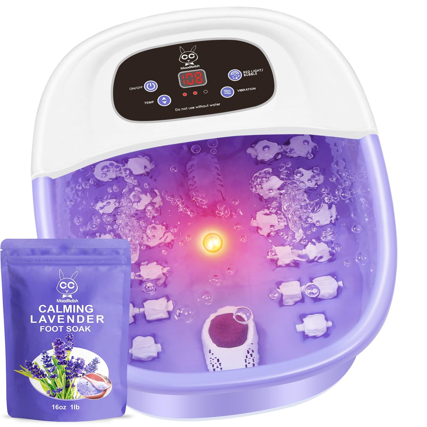 Foot Spa Bath Massager with Heat Bubbles and Vibration Massage and Jets, 16 OZ Calming Lavender Foot Soak Epsom Salt, MoodRelish Foot Soaker With Red Light, 22 Massage Rollers, Adjustable Temp -Purple