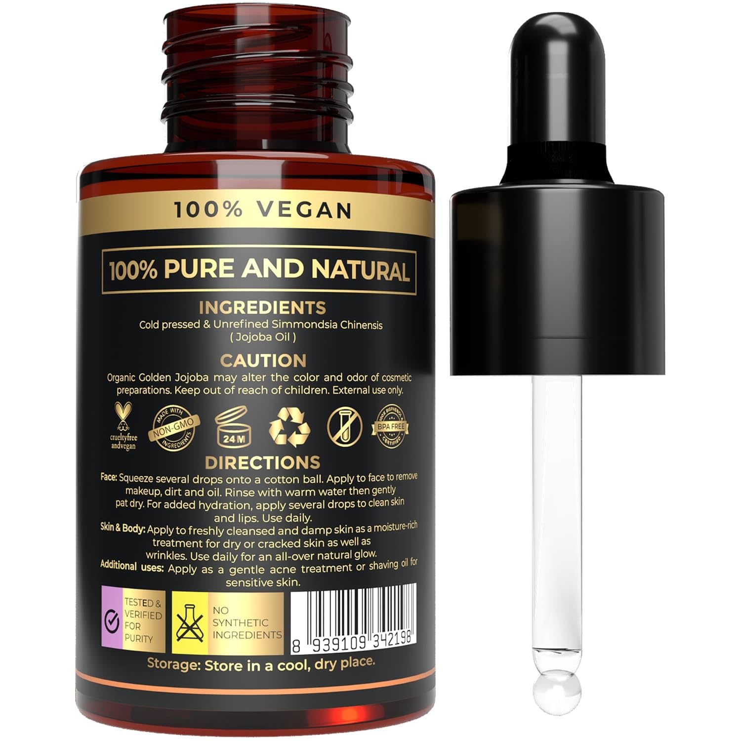 100% Plant Based Jojoba Oil Organic for Hair, Skin, Face & Nails | Aceite de Jojoba | Cold Pressed, Unrefined Body Oil for Deep Moisturizing, Anti-Aging & Scalp Nourishment | Natural Makeup Remover