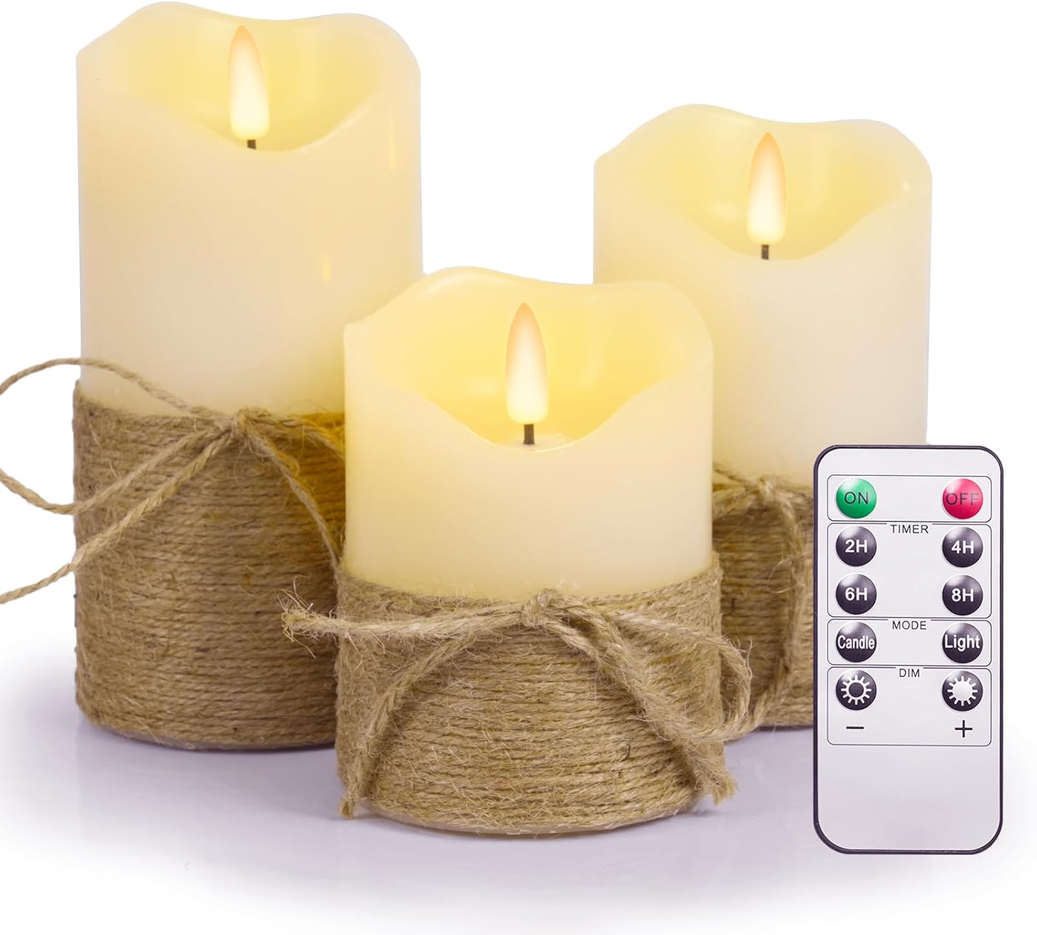 Flameless Candles with Remote Timer-3D Flickering Hemp Rope LED Candles Set of 3(4”/5”/6”, Battery Powered for Home/Wedding/Party/Table Decorations
