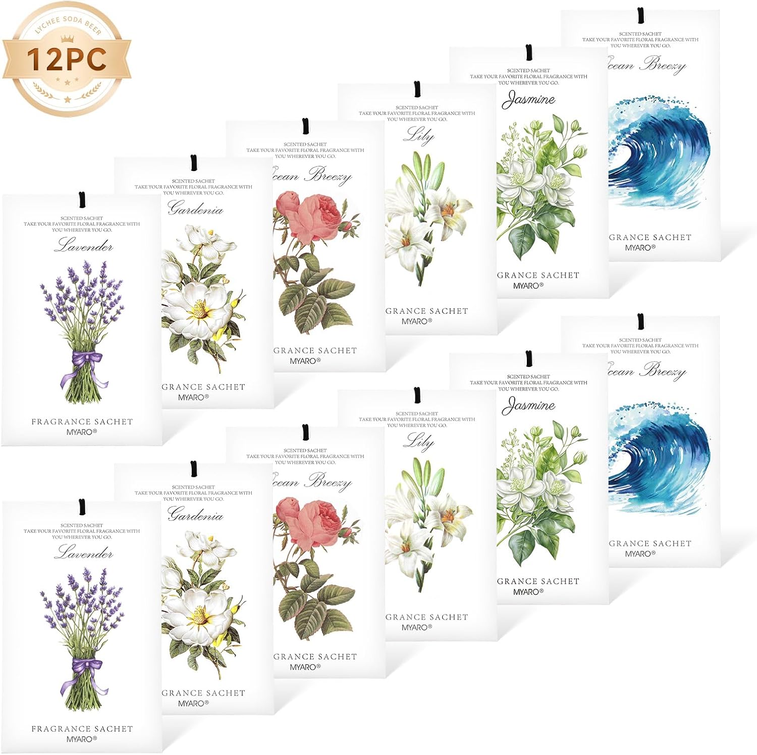 MYARO 12 Pack Assorted Floral Scented Sachets - Lavender, Rose, Jasmine, Ocean, Gardenia & Lily | Drawer, Closet & Car Air Freshener Bags | Multi-Scent Home Fragrance Gift Set