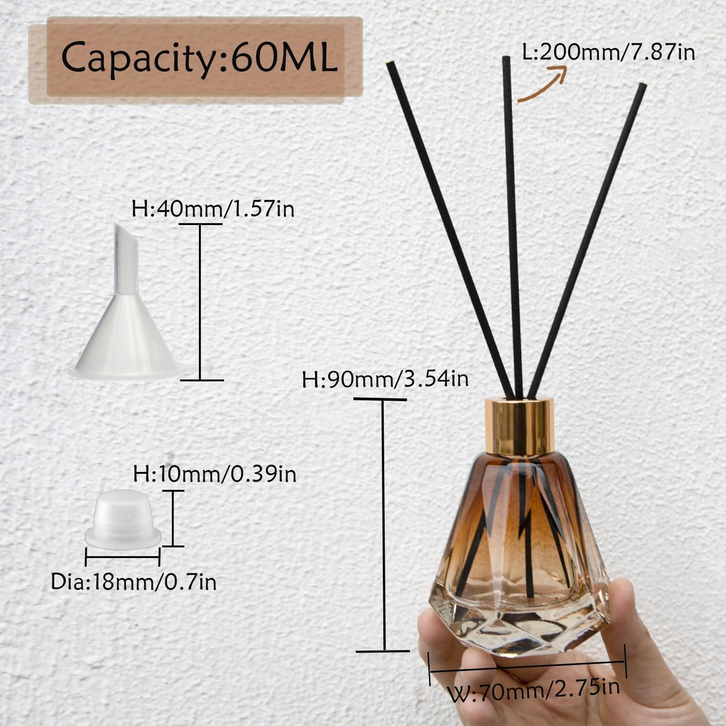4PCS Empty Reed Diffuser Bottles,60ML/2.1Oz Glass Refillable Fragrance Set Diamond Shape with 20pcs Reeds Sticks & Gold Caps & Rubber Plug & Funnels for DIY Essential Oil
