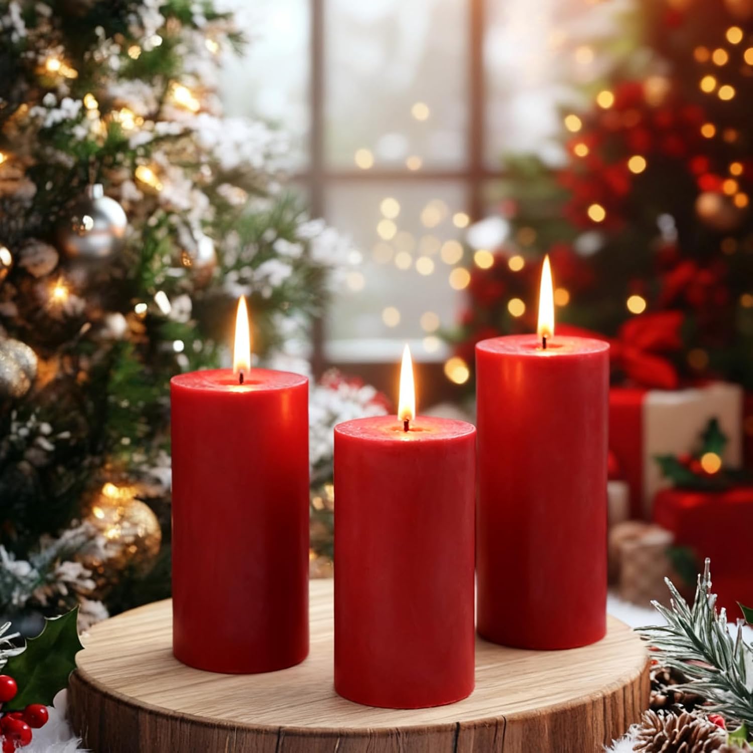 2.8x6 Inch Soy Pillar Candles 270 Hours Long Burning Natural Soy Wax Emergency Candles Smokeless Red Pillar Candles Dripless Handmade Pillar Candle for Wedding Table Home, 3 Pack