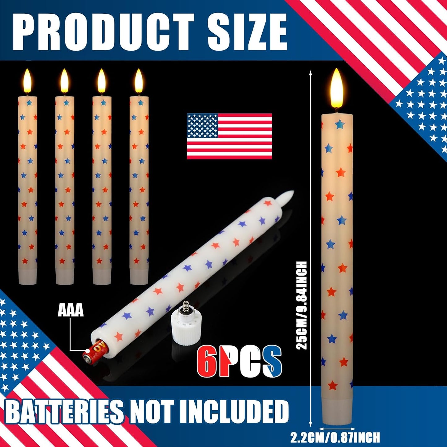 Rossesay 6 Pcs 4th of July Candles 250th Anniversary Flameless Taper Candles Patriotic White Red Blue Star Wax American Independence Day Battery Operated LED for Home Decoration(Star)