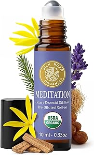 Silk Road Organic Meditation Essential Oil Balancing Blend Roll On,100% Pure USDA Certified Aromatherapy for Chakra Healing, Focus, Calming, Mindfulness & Spiritual Well-Being - 10ml Roller