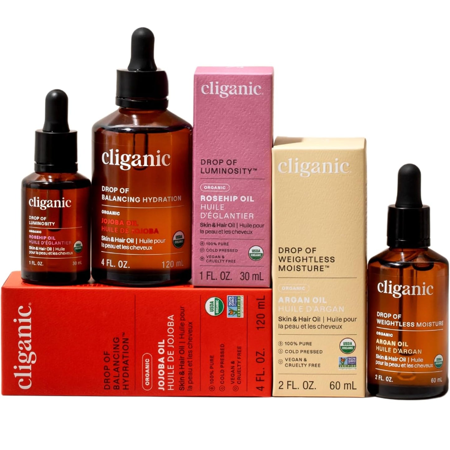 Cliganic Organic Nature’s Glow Oils Trio: Jojoba, Argan & Rosehip - For Face, Hair & Body